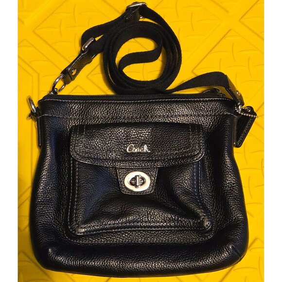 Coach Black Pebble Leather Crossbody Bag With Adjustable Strap & Twist Lock Pock - Picture 1 of 10